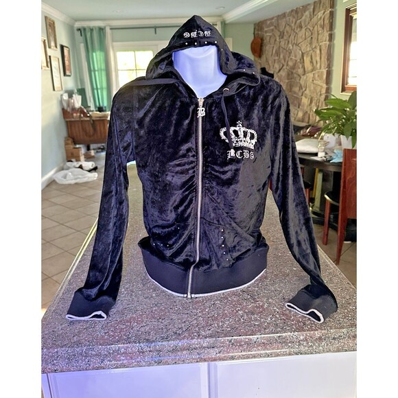 Y2K BCBG MaxAzria Black Velour beaded Track Jacket Sz M  2000s Mcbling - Picture 12 of 13